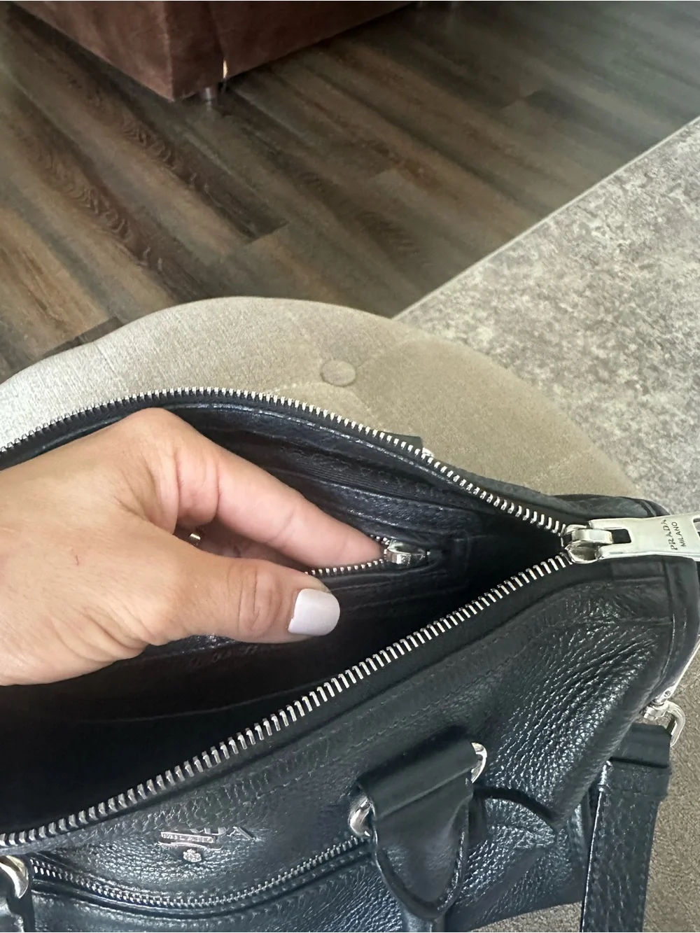 Prada Black Pebbled Leather Messenger Bag with Silver-Tone Hardware